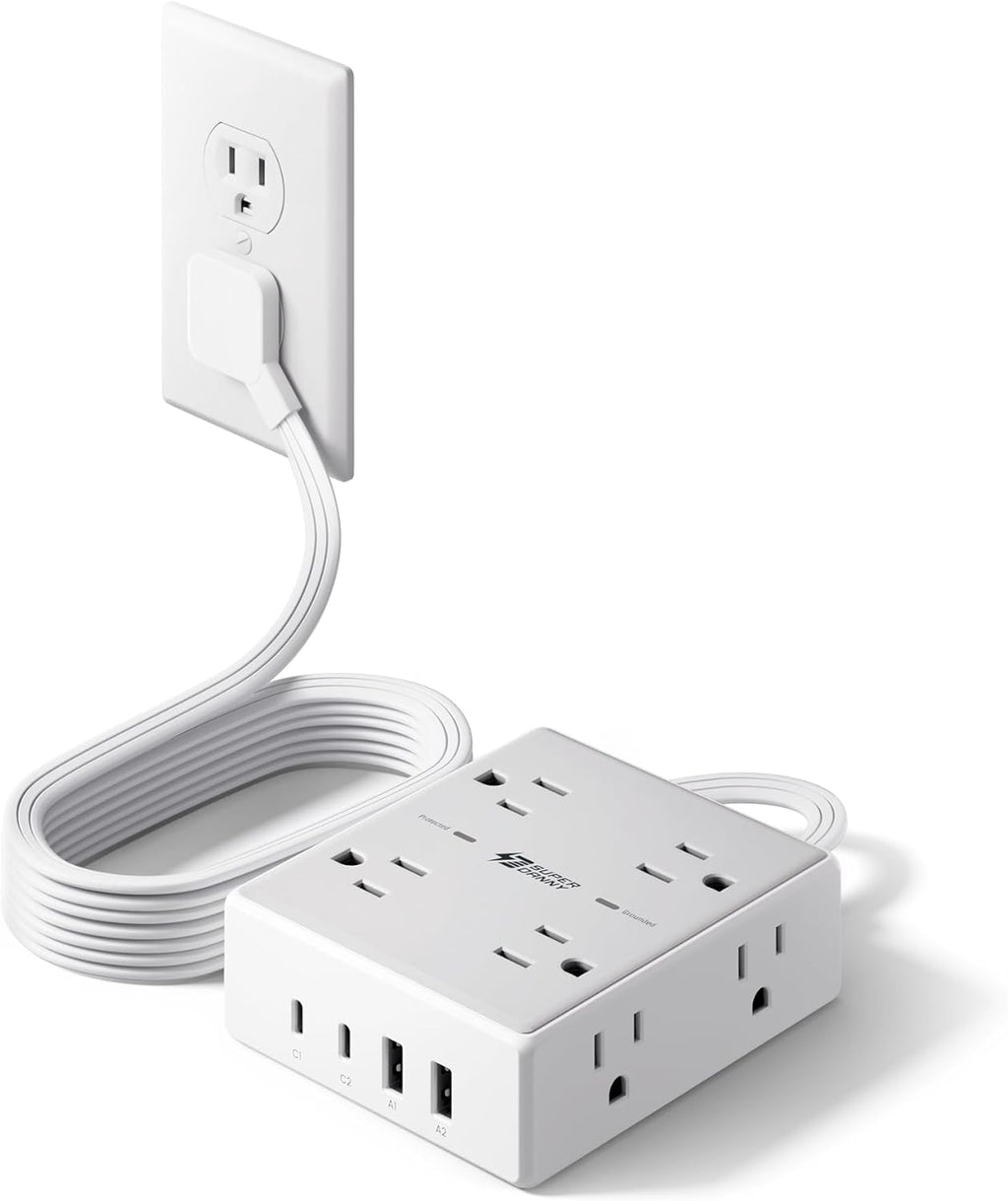 Ultimate Surge Protector Power Bar - 6 Ft Extension Cord with 8 Outlets & 4 USB Ports (2 USB-C), Mountable Flat Plug for Home, Office & Dorm Safety