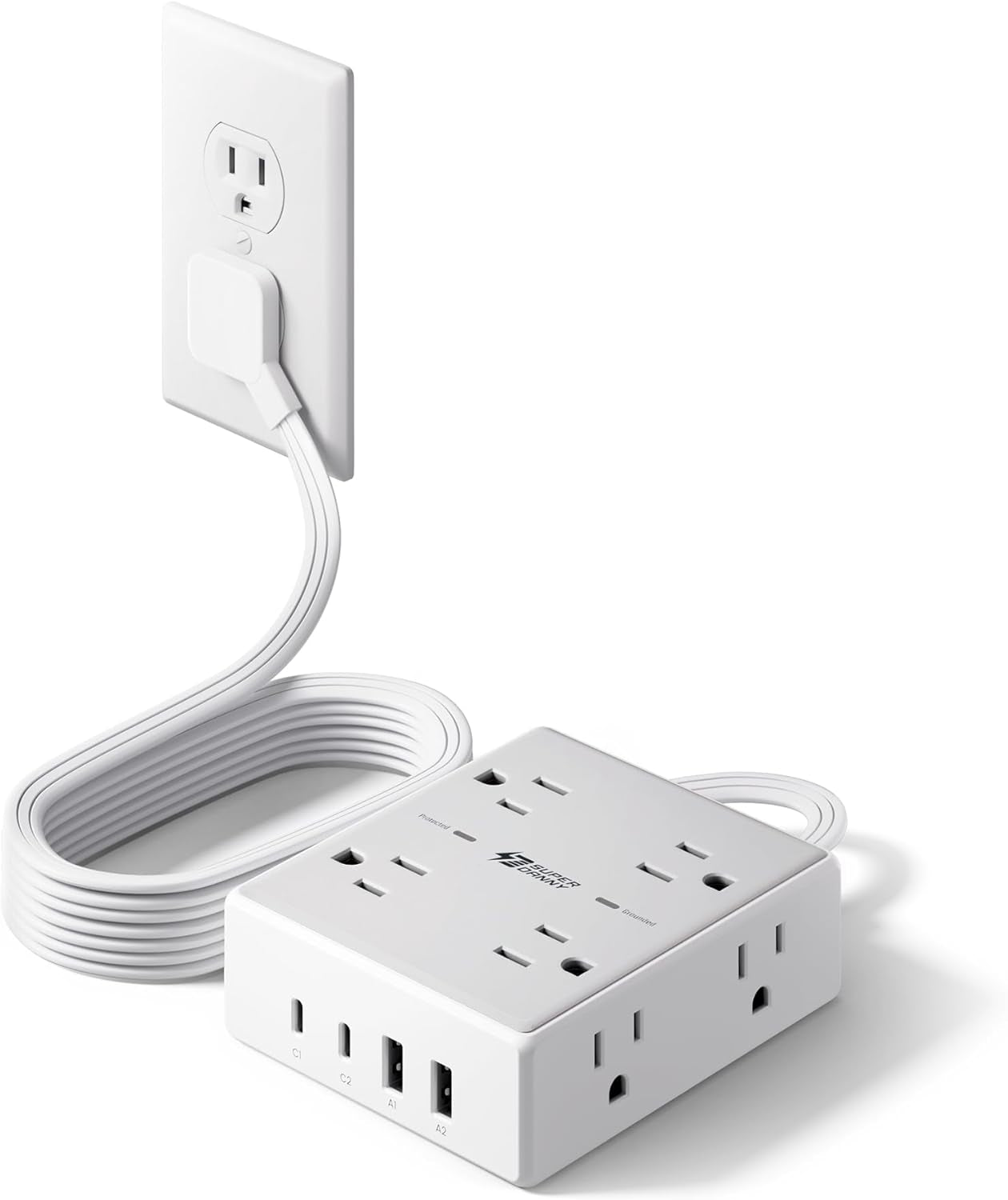 Ultimate Surge Protector Power Bar - 6 Ft Extension Cord with 8 Outlets & 4 USB Ports (2 USB-C), Mountable Flat Plug for Home, Office & Dorm Safety